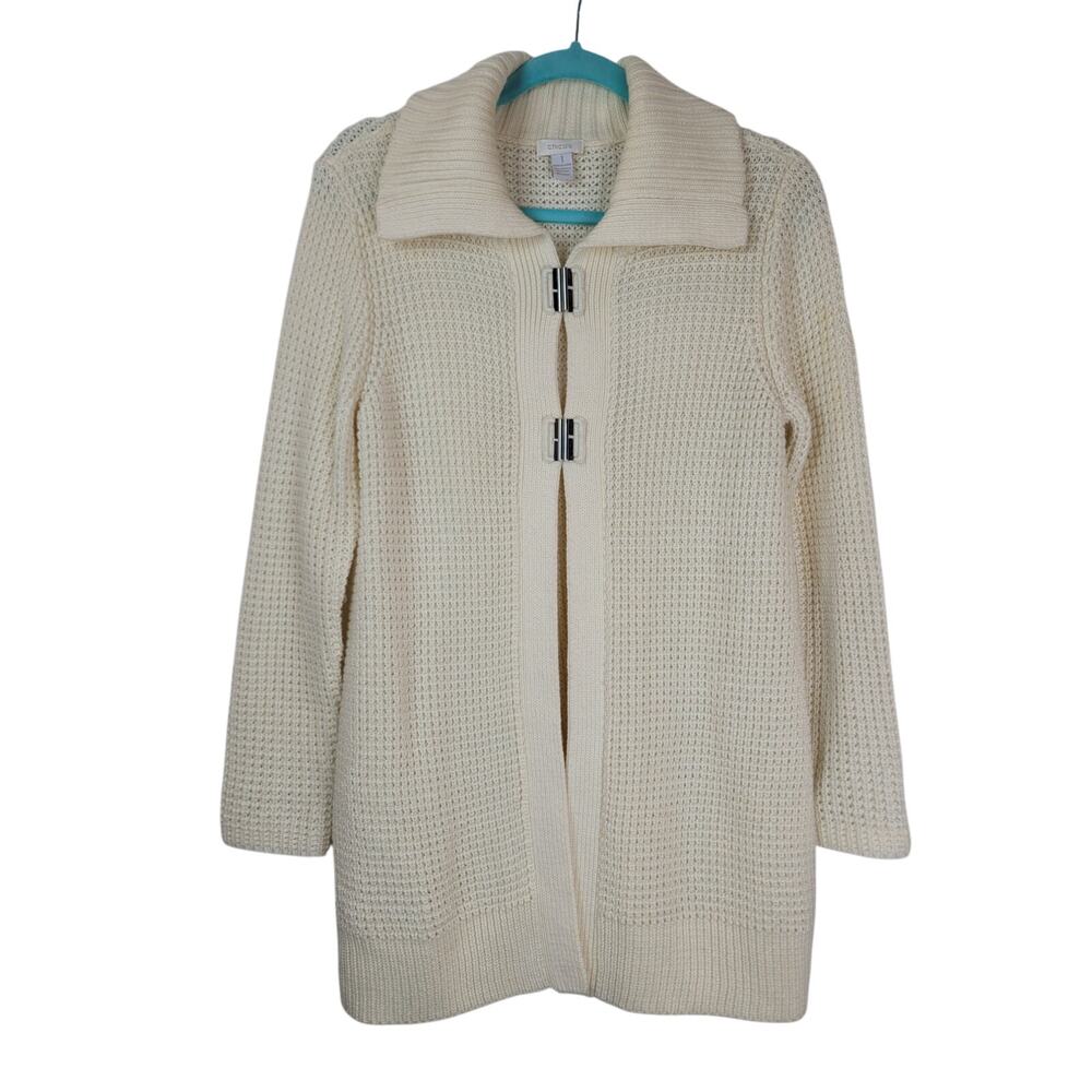 Chico's Chunky Knit Cozy Long Cardigan Cream Ivory Sweater Womens Size 1